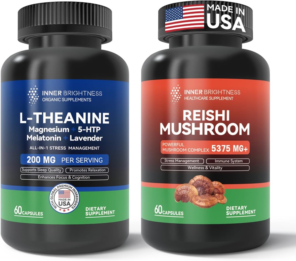 Reishi Mushroom Supplement with Cordyceps + L Theanine 200mg, Magnesium, 5-HTP & Melatonin for Sleep, Focus & Mood Support