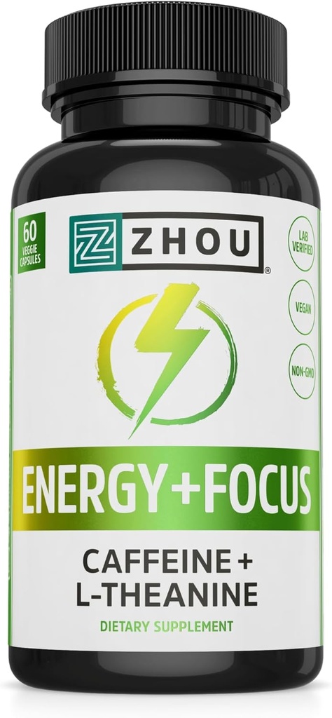 Zhou Energy + Focus - L Theanine Caffeine Pills, 200mg L-Theanine, 100mg Natural Anhydrous Caffeine Boost for Adults, Men & Women, Slow Extended Release - 60 Vegetarian Capsules (Pack of 1)
