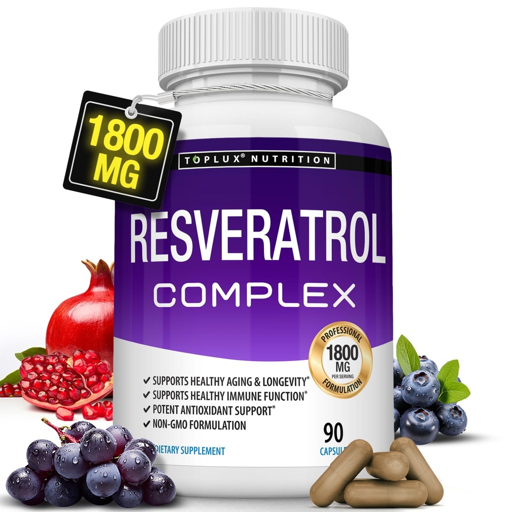 Resveratrol Supplement 1800 mg Antioxidant Complex - Highly Potent Natural Trans-Resveratrol Pills for Healthy Aging, Overall Health Support, Immune System, Brain Function, for Men Women, 90 Capsules