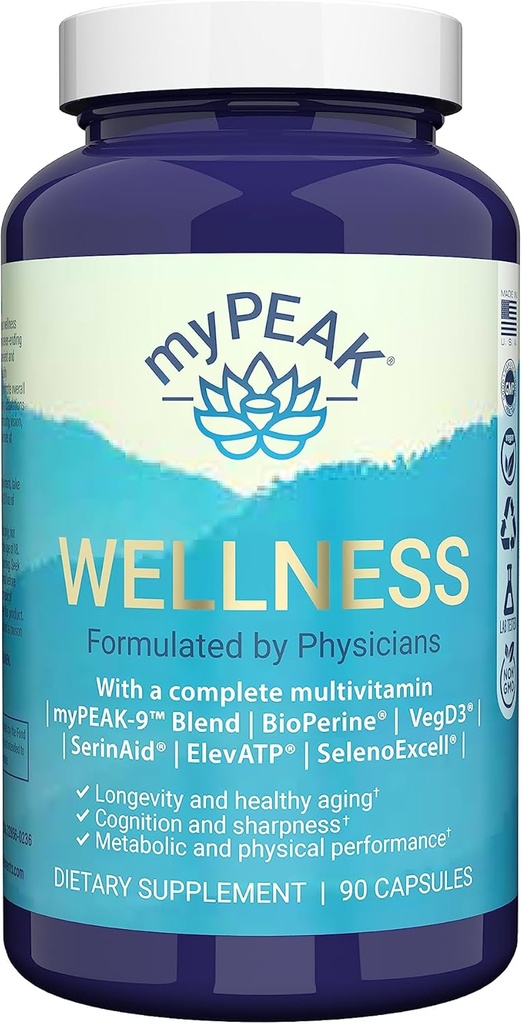myPEAK Wellness Award-Winning Vegan Multivitamin with ElevATP Ancient Peat Extract, Natural Astaxanthin, Iron, Resveratrol and Alpha GPC, Immunity Booster, All-in-One for Men and Women, 90 Count