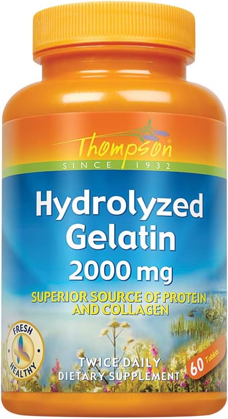 Thompson Hydrolyzed Gelatin 2000mg - Beef Gelatin Capsules, Bovine Sourced Collagen, Protein and Calcium for Women and Men, Enhanced Absorption - 60 Tablets