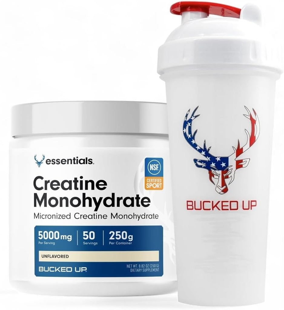 Bucked Up Creatine & Shaker Bundle – Micronized Creatine Powder (250g, 50 Servings) + 28oz Leak-Proof BPA-Free Shaker Bottle for Optimal Mixing