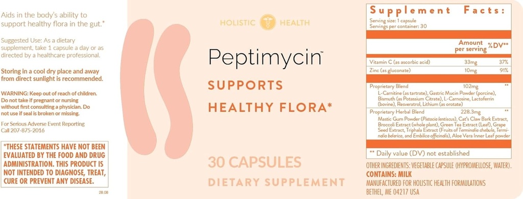 Holistic Health PeptiMycin Supports Healthy Gut Flora - Gut Health Supplements for Supporting Healthy Immune System and Gastrointestinal Functioning - 30 Capsules