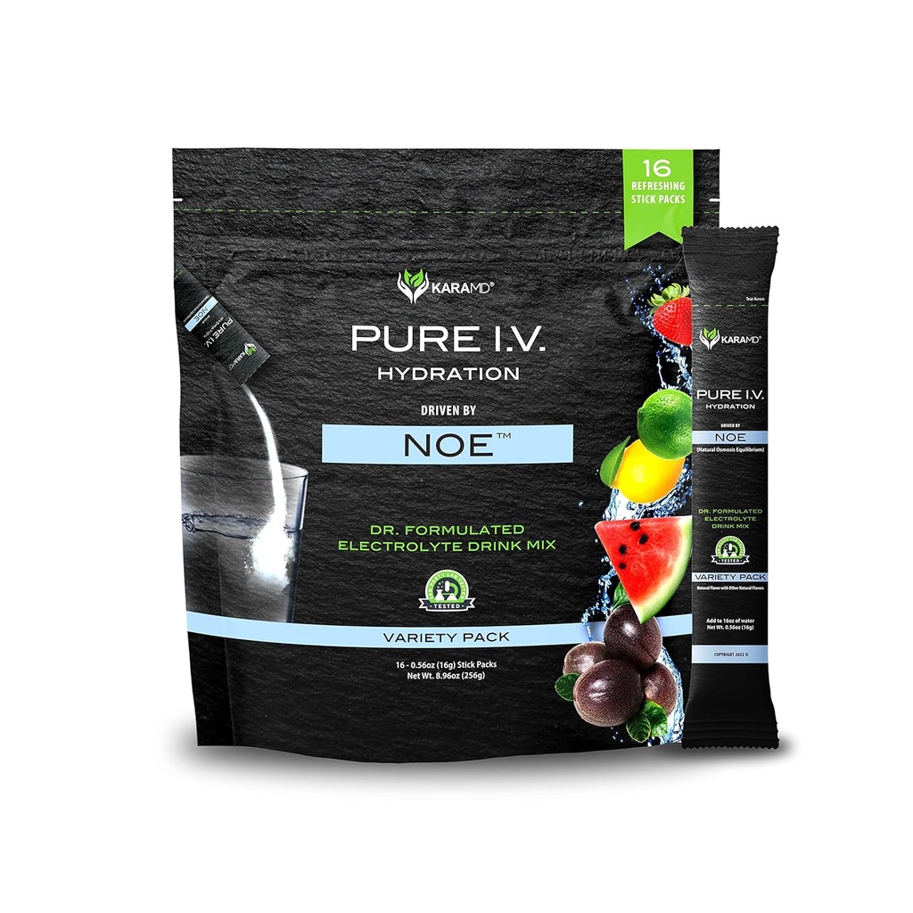 KaraMD Pure I.V. - Professionally Formulated Electrolyte 4 Flavor Variety Powder Drink Mix – Refreshing & Delicious Hydrating Packets with Vitamins & Minerals – 4 Flavor Variety - 1 Bag (16 Sticks)