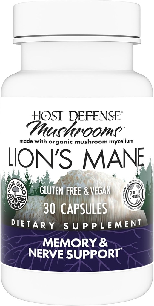 Host Defense Mushrooms Lion's Mane - Supplement Capsules for Brain Health Support - Mushroom Support for Focus & Memory Function - Immune & Nervous System Supplement - 30 Capsules (15 Servings)*