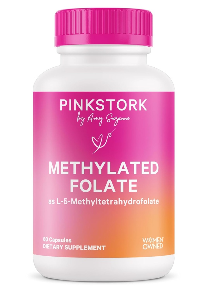Pink Stork Folate: Methyl Folate - MTHFR Acid, Natural Form of Folic Acid for Pregnancy, Formulated for Mom + Baby, Women-Owned, 60 Capsules (Packaging May Vary)
