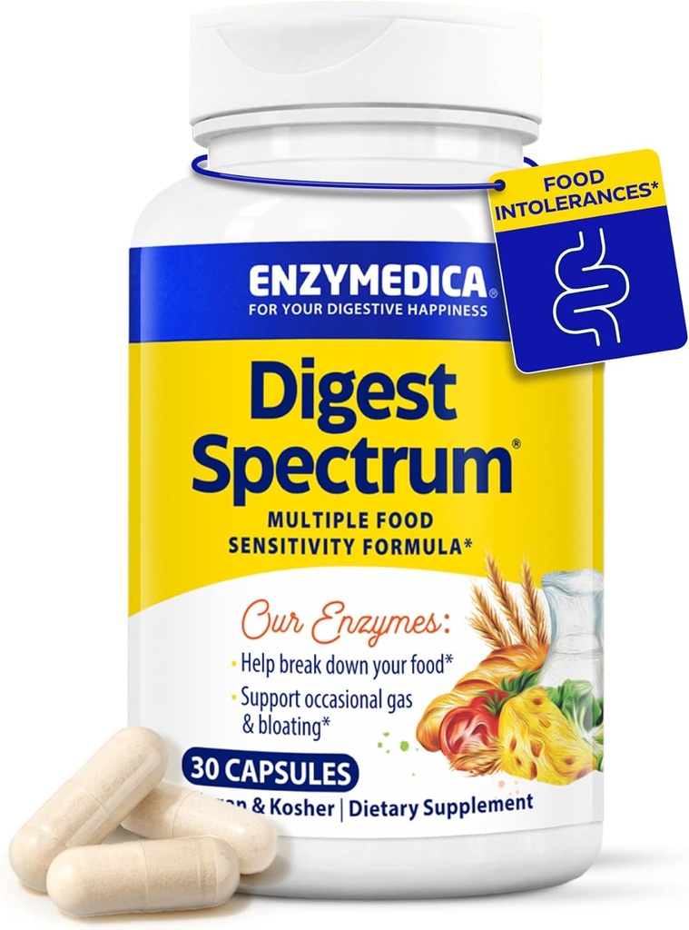 Enzymedica Digest Spectrum, Advanced Digestive Enzymes for Women and Men, Supports Digestion and Multiple Food Intolerances, Fast-Acting Formula for Gas and Bloating Relief, 30 Capsules
