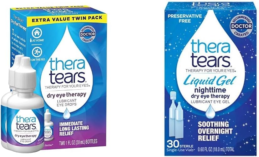 TheraTears Dry Eye Therapy Lubricating Eye Drops for Dry Eyes, 1 fl oz Bottle Twin Pack, (2 x 30mL Bottles) & Liquid Gel Nighttime Lubricating Eye Drops for Dry Eyes, Single-Use Vials, 30 Count