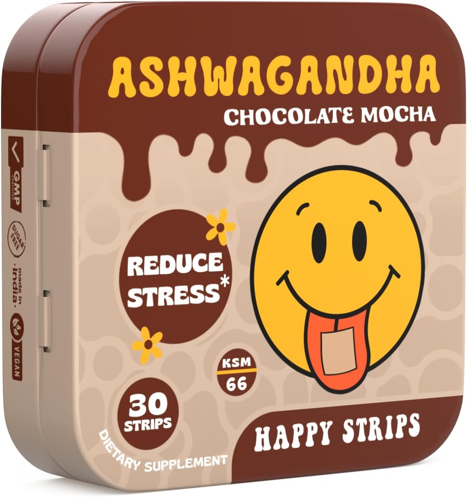 Happy Strips Organic Ashwagandha KSM 66 & GABA for Stress Relief, Calmness, Sleep - Fast-Acting & Rapid-Dissolving, Chocolate Mocha Flavored, Organic, Vegan, Sugar-Free - 30 Count
