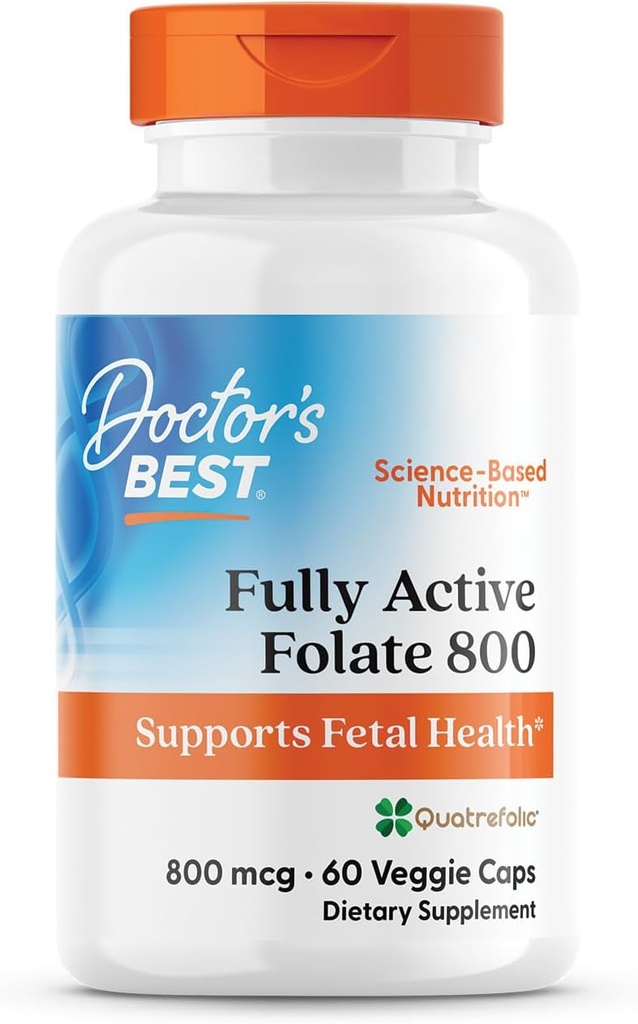 Doctors Best Fully Active Folate 800 with Quatrefolic, Supports Fetal Health, Non-GMO, Gluten Free, Vegan 60 Veggie Caps