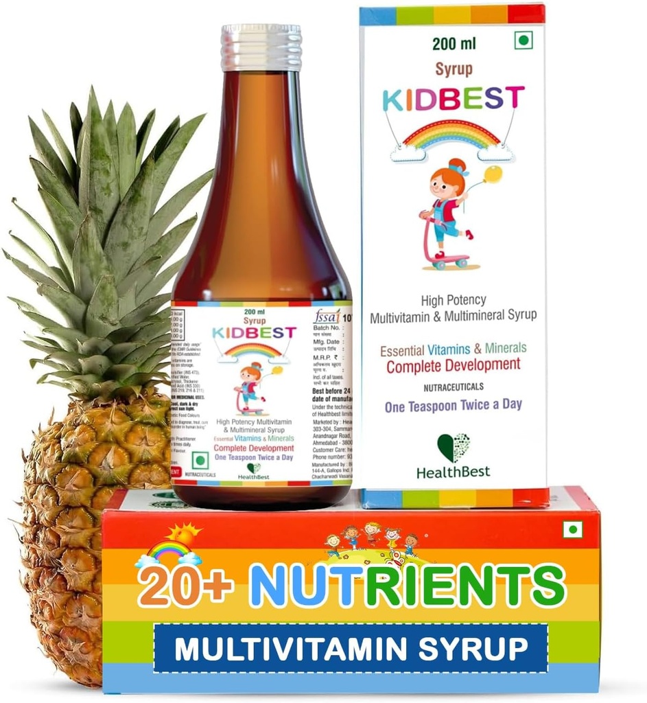Kidbest Multivitamin Syrup for Kids 3-13 Years – Liquid Formula with 20 Nutrients for Appetite, Immunity, and Growth – Tasty Daily Vitamins for Stronger Kids | Toddler multivitamin for kids|200ml