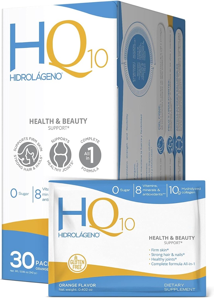 Hidrolageno Q10, Hydrolyzed Collagen, Vitamins, ZINC, Antioxidants, 30 sachets per pack, 4.2 Ounce, Pack of 1
