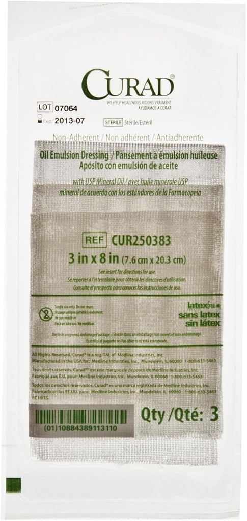 CURAD Sterile Non-Adherent Oil Emulsion Gauze Dressing, 3" x 8", Perfect for Wound Care, Pack of 648