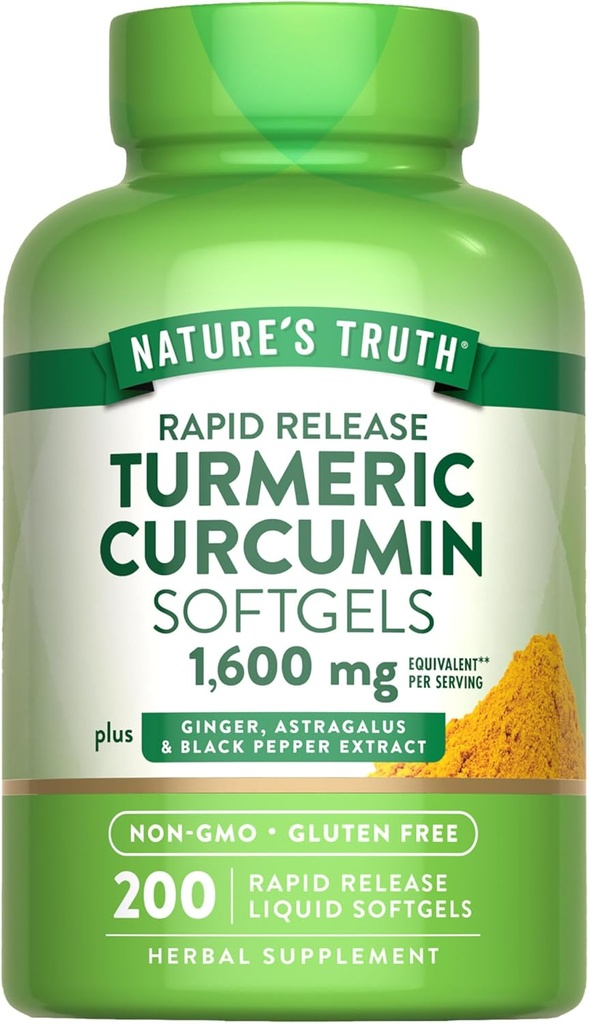 Nature's Truth Turmeric Curcumin Complex Supplement | with Black Pepper Extract, Ginger & Astragalus | 200 Rapid Release Softgels | Non-GMO and Gluten Free