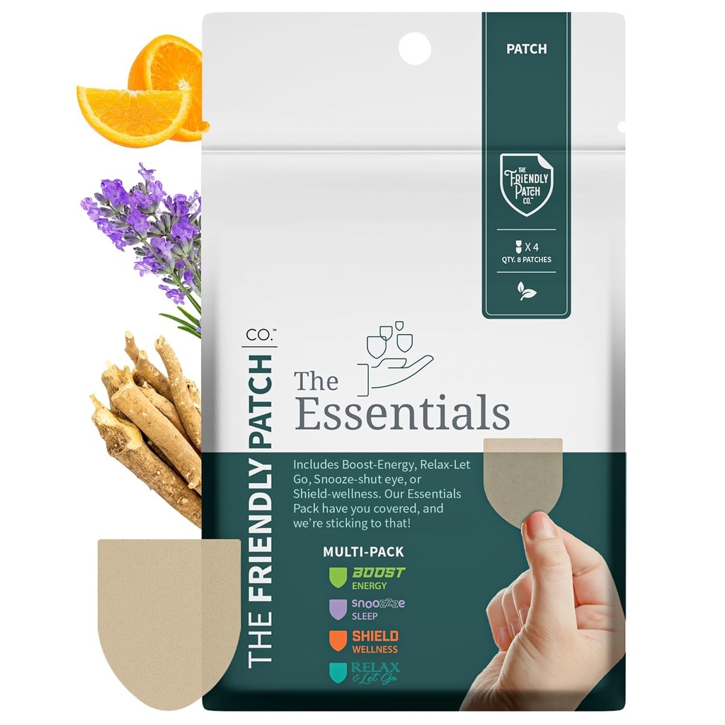 The Friendly Patch Travel Essentials Multi-Pack includes 8 Patches: Snooze Sleep Patches, Ashwagandha calm Patches, Boost Energy Patch, and Shield Patches for Sleeping, Relaxing, and Energy.