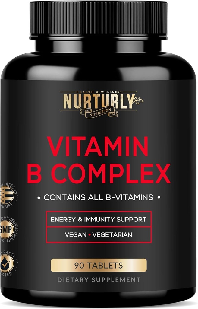 Vitamin B Complex - Contains All Essential B Vitamins - B1, B2, B3, B5, B6, B7, B9, B12 and Biotin - Super B Complex Vitamins for Energy, Immunity and Mood Support - 90 Tablets