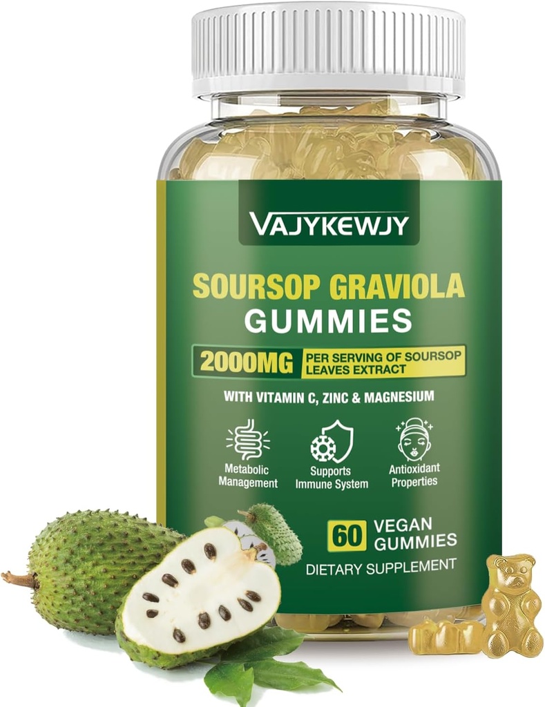 Soursop Graviola Gummies - 2000mg Extra Strength Soursop Leaves Extract, Vitamin C, Zinc & Whole Natural Food for Immunity, Vegan, 60 Gummies