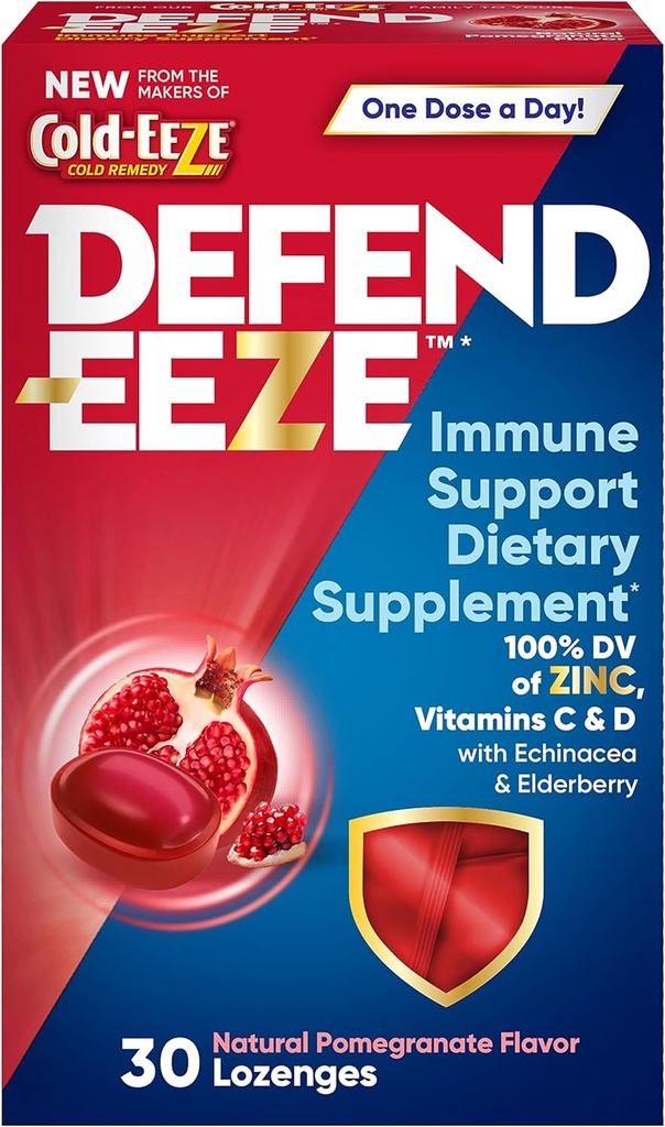 Defend-EEZE Immune Support Dietary Supplement Lozenges, 100% Daily Value of Zinc, Vitamins C & D per Dose, with Echinacea & Elderberry, Pomegranate Flavor, 30 Lozenges