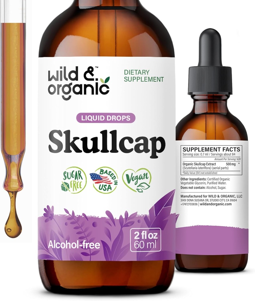 Wild & Organic Skullcap Tincture - Relaxation, Good Mood, Calmness - Liquid Skullcap Herb Supplement - Vegan, Sugar & Alcohol-Free Drops - 2 fl oz
