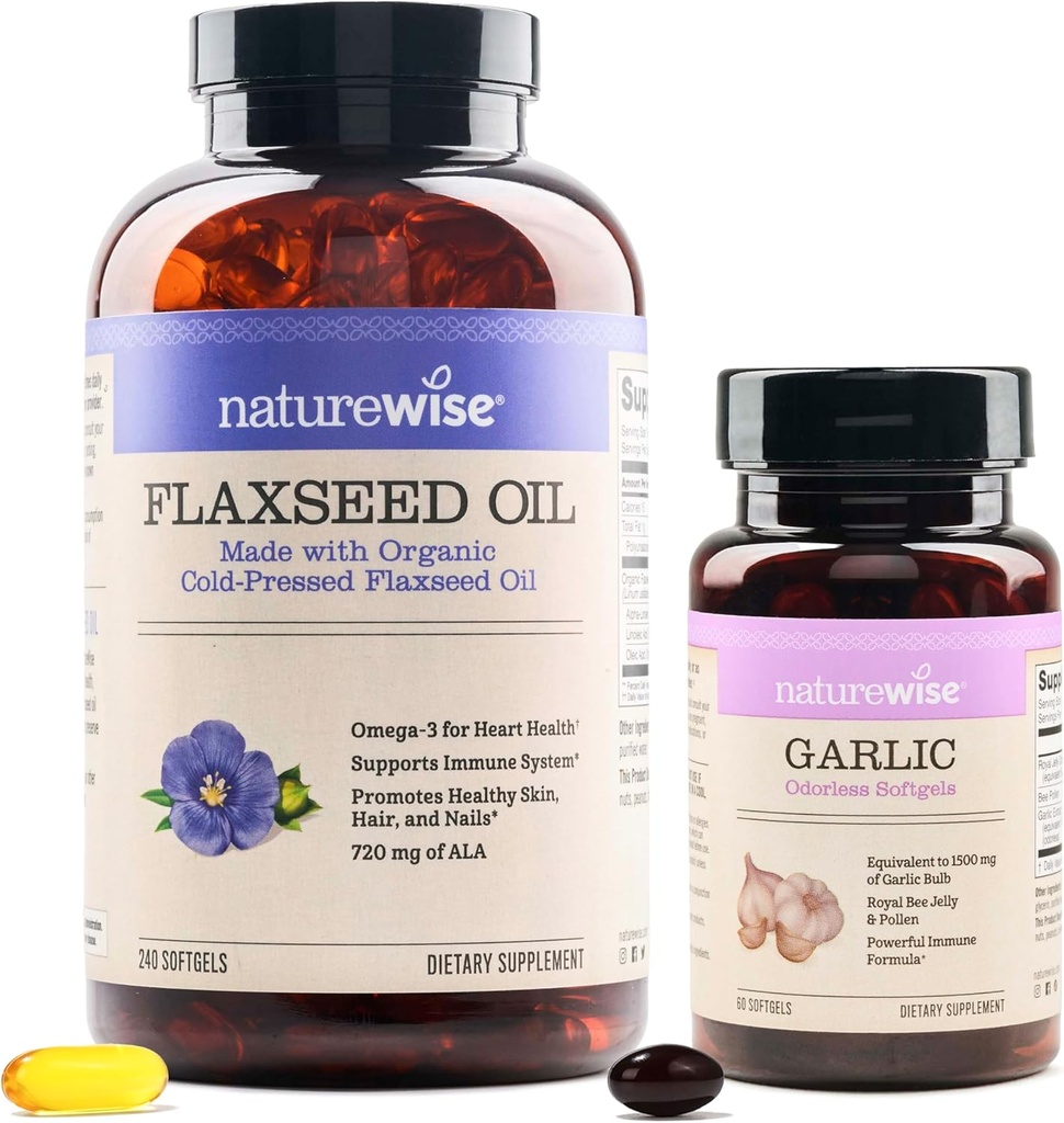 NatureWise Organic Flaxseed Oil Max 720mg ALA | Highest Potency Flax Oil Omega 3 Garlic Odorless Softgels 1500mg Support Teeth & Immune System Health