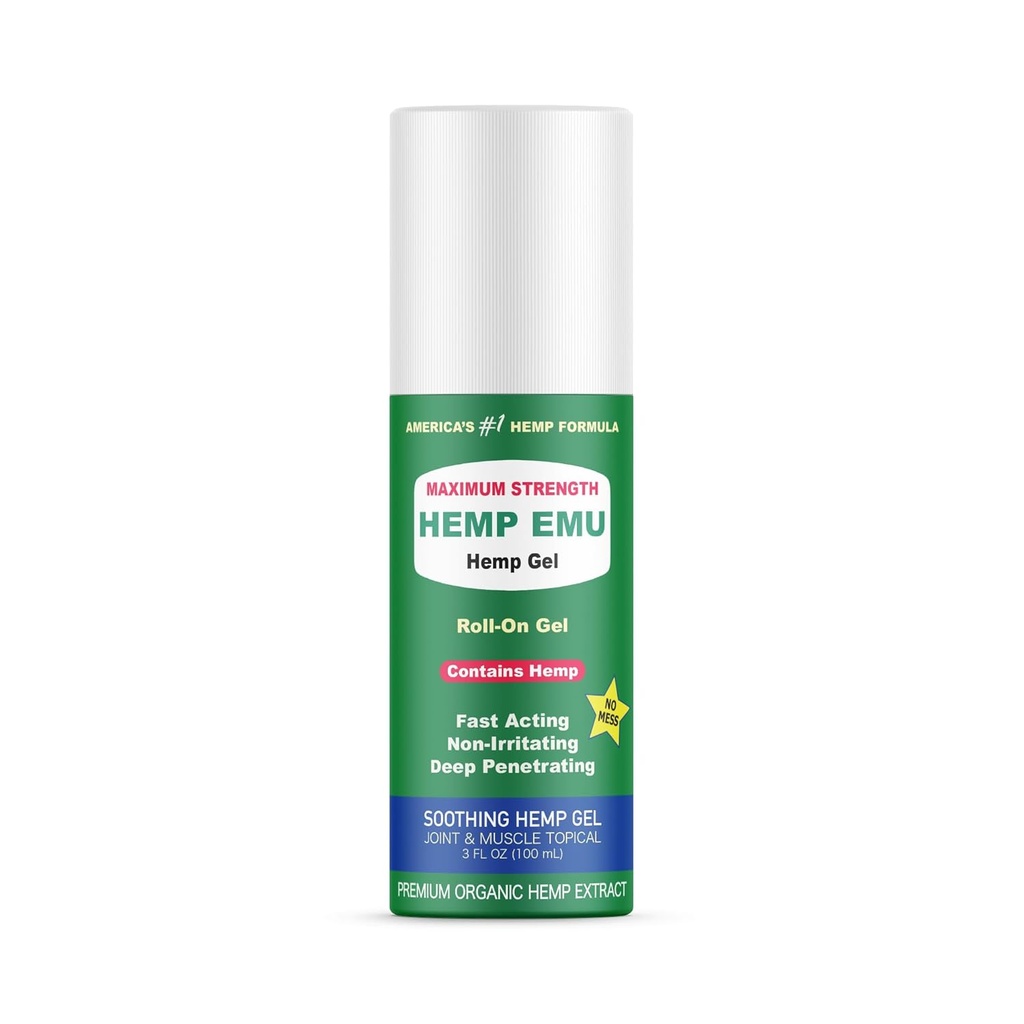 Hemp Emu - Hemp Roll On Gel - Muscle Rub for Back & Joint Discomfort - Soothing Gel with Organic Hemp Oil, Emu Oil, Menthol, Eucalyptus, Aloe Vera