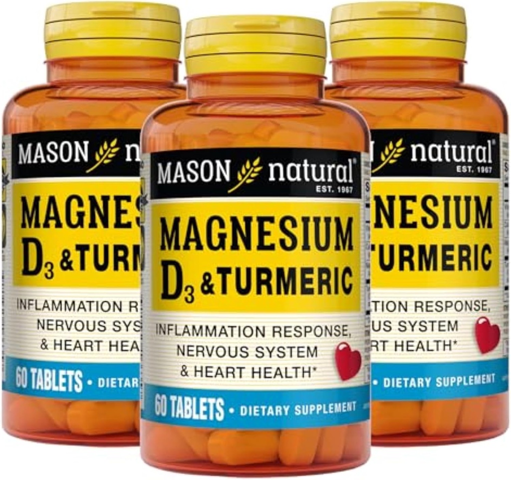 MASON NATURAL Magnesium & Vitamin D3 with Turmeric, 180,Day Supply, Dietary Supplement for Daily Wellness Support, 60 Tablets (Pack of 3)