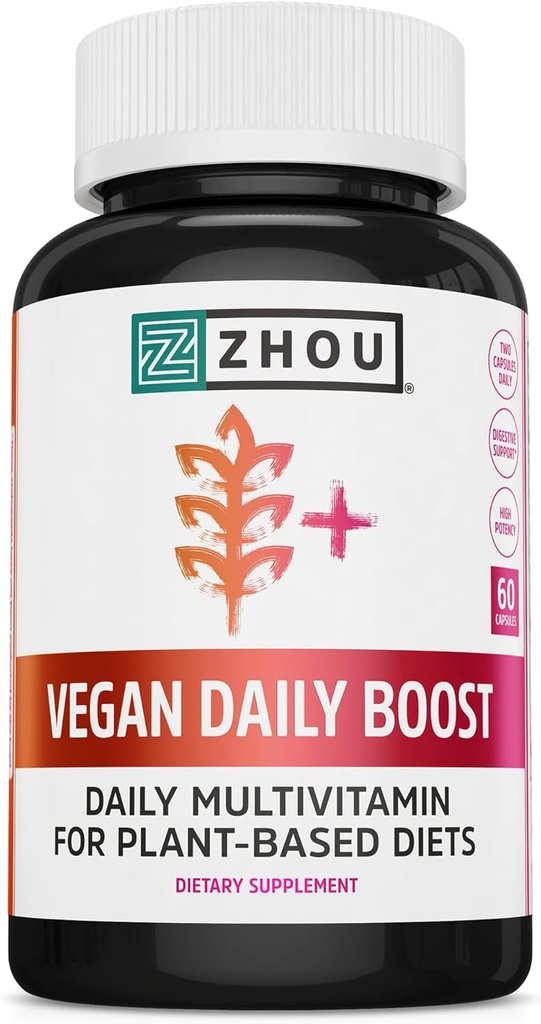 Zhou Vegan Multivitamin for Women & Men, Daily Vegan Supplement, Essential Multi Vitamin with Iron & Zinc for Energy, Vitality, Immune Support, & Whole Body Health - 60 Veg Caps