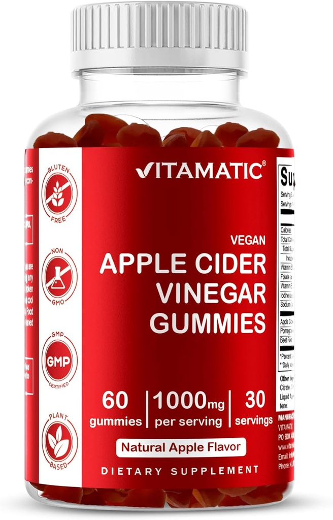 Vitamatic Apple Cider Vinegar Gummies - 1000mg per Serving - 60 Vegan Gummies - ACV Gummies for Detox, Weight Loss Support, Energy Boost, Digestion & Gut Health