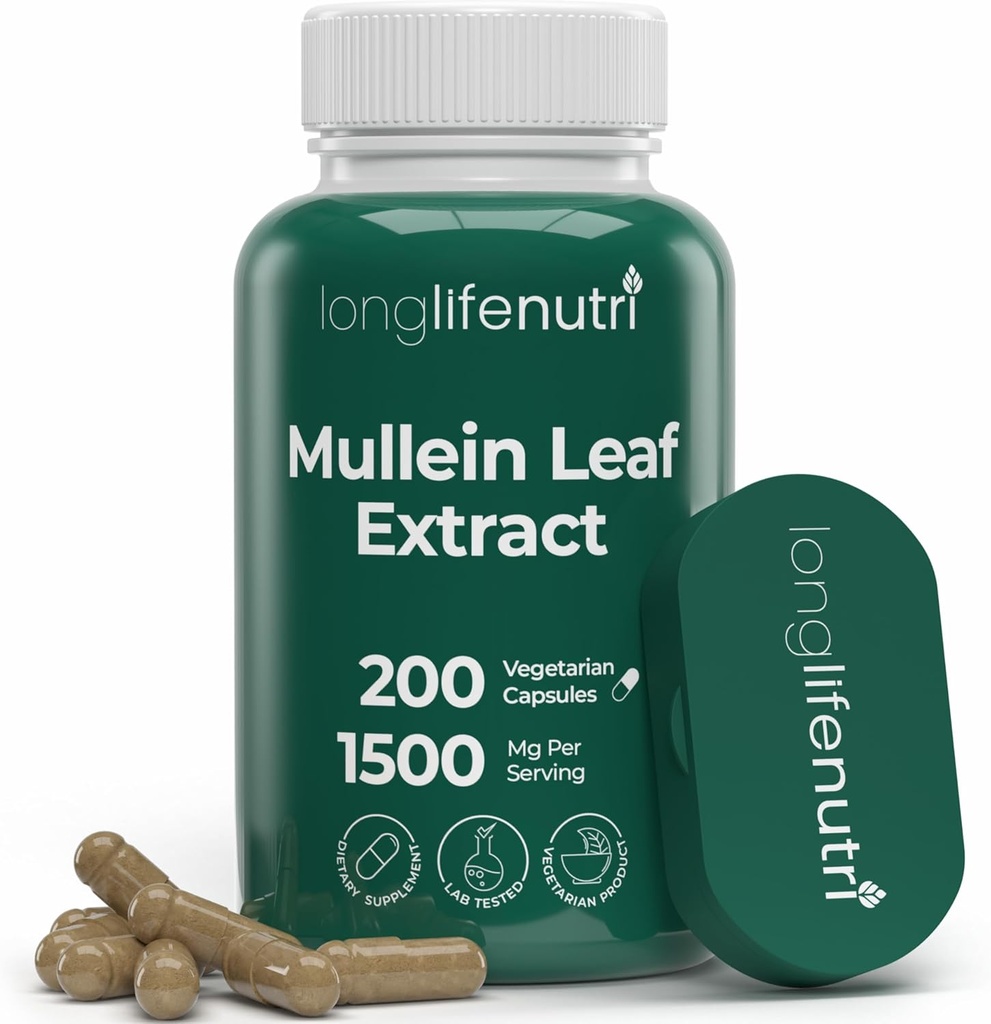 LongLifeNutri Mullein Leaf 1500mg 10:1 Extract - 200 Vegetarian Capsules, from Organic Mullein Leaf Powder, Herbal Supplement for Respiratory Care, 2-Month Supply, Non-GMO, GMP Certified, Made in USA