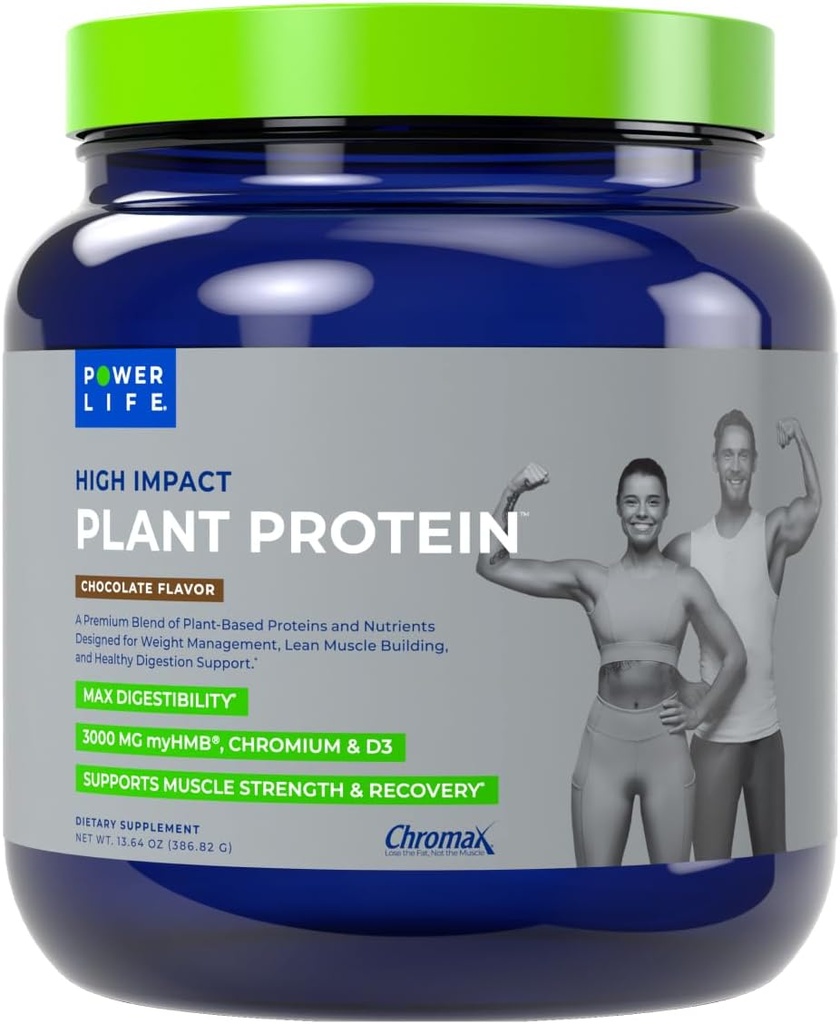 POWERLIFE High Impact Plant Protein Powder with 3000 MG of HMB, Plant-Based, No Sugar Added, Vegan, Keto Friendly, Non-GMO (Chocolate - New Formula)