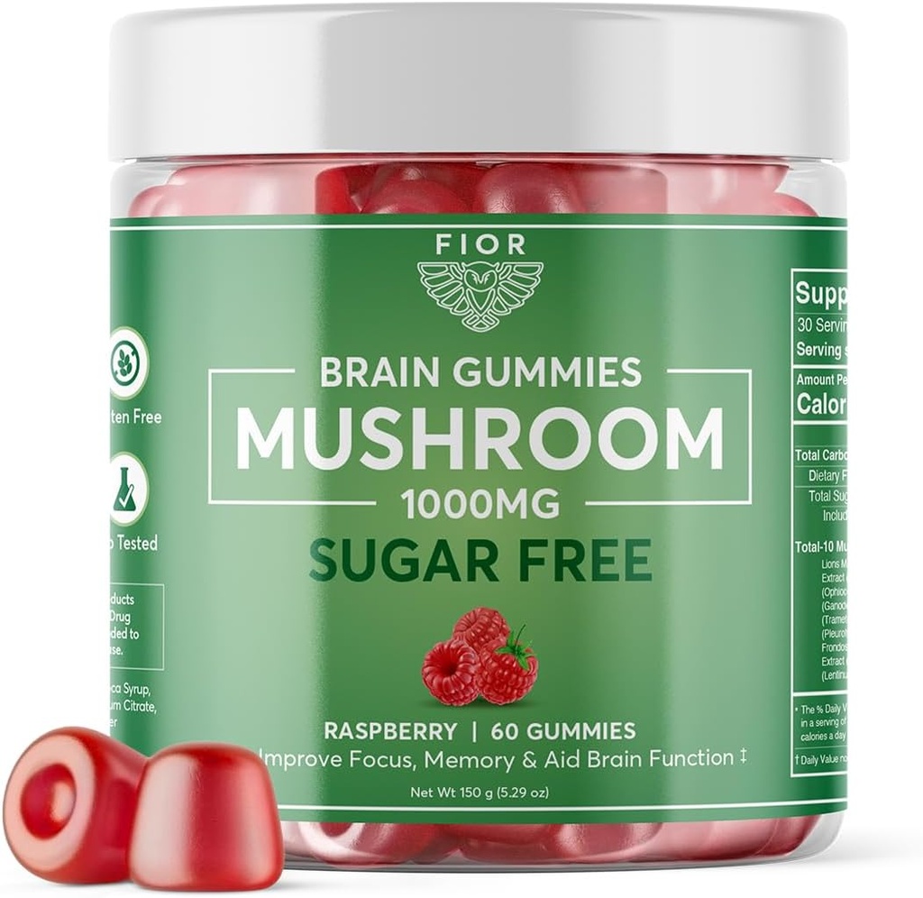 FIOR Naturally Sugar-Free Mushroom Gummy Total Mushroom Blend Supplement, 60 Count, Multi Mushroom Complex, Lions Mane, Chaga, Cordyceps, Reishi, Turkey Tail, Maitake, Shiitake, King Trumpet