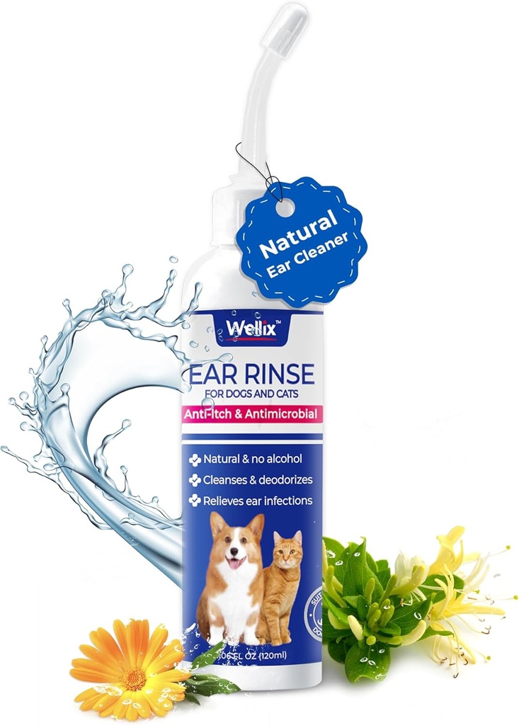 Wellix 120ml Ear Cleaner for Dog & Cat - Ear Infection Treatment Without Irritation - Dog Ear Wash for Itch Relief & Soothing Inflammation - Ear Wax, Powder and Odor Removal Drops