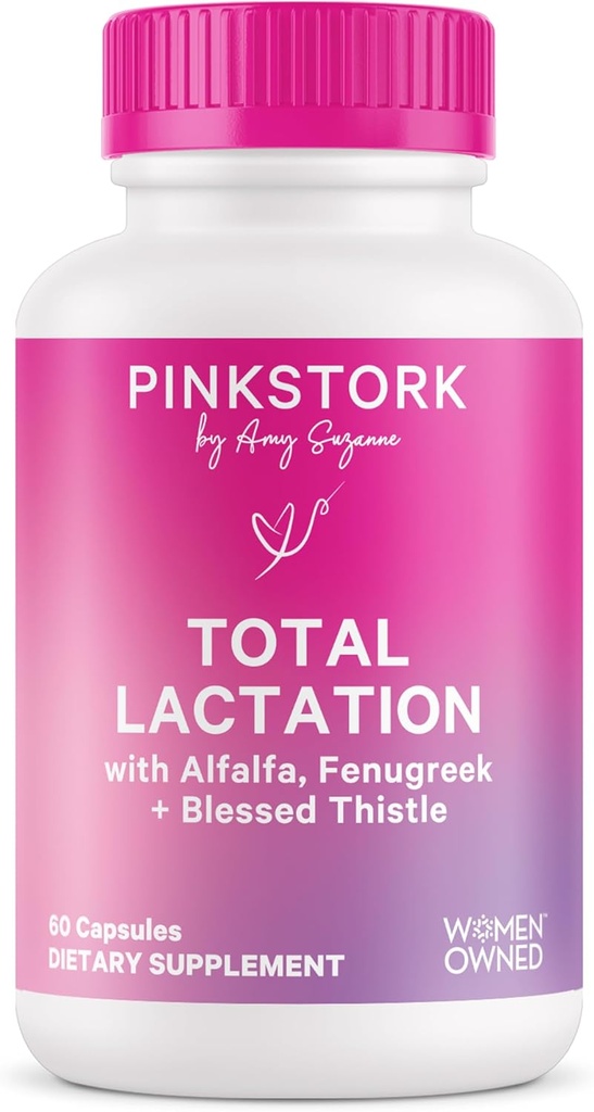 Pink Stork Total Lactation Supplement for Breast Milk Supply, Organic Fenugreek and Alfalfa to Support Breastfeeding, Milk Flow, and Production, Postpartum Essentials - 60 Capsules