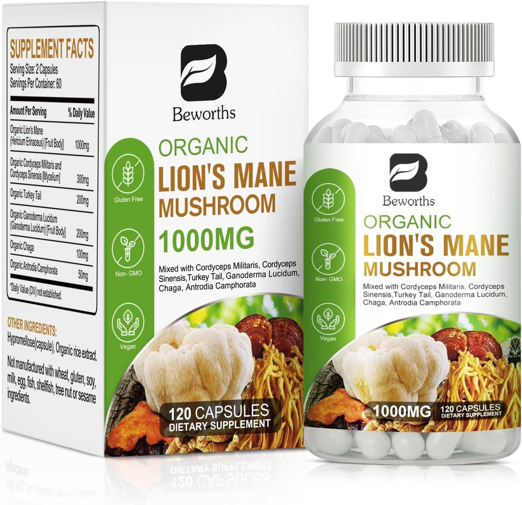 Lion's Mane Mushroom - 120 Capsules | Organic Lions Mane Turkey Tail Mushroom Supplement Complex | Cordyceps, Chaga, Turkey Tail, Reishi | Mental Clarity, Focus Memory, Brain & Immune Boost