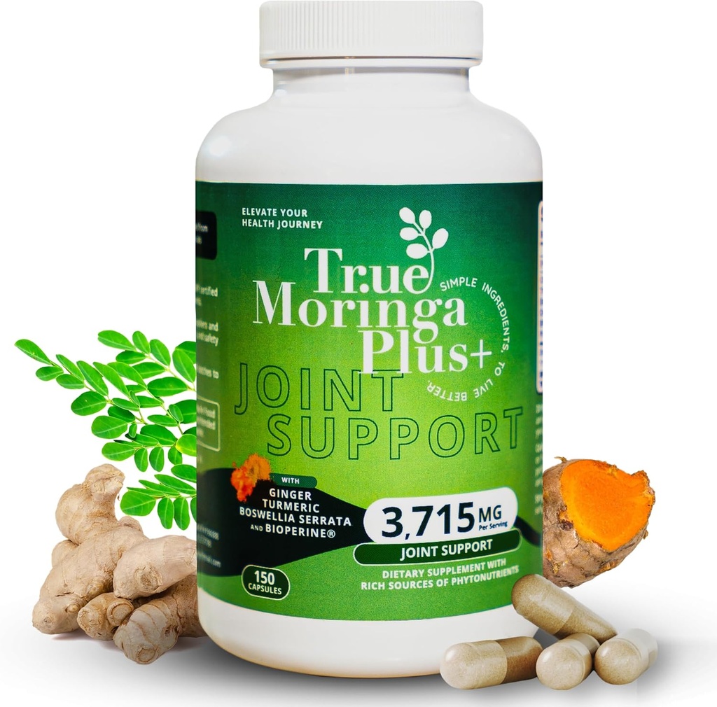 True Moringa Plus+ Joint Support Supplement 10:1 Extract | 20,000mg of Organic Moringa, Turmeric Curcumin, Ginger, Boswellia, BioPerine | Extra Strength Herbal Antioxidant for Adults (150 Capsules)