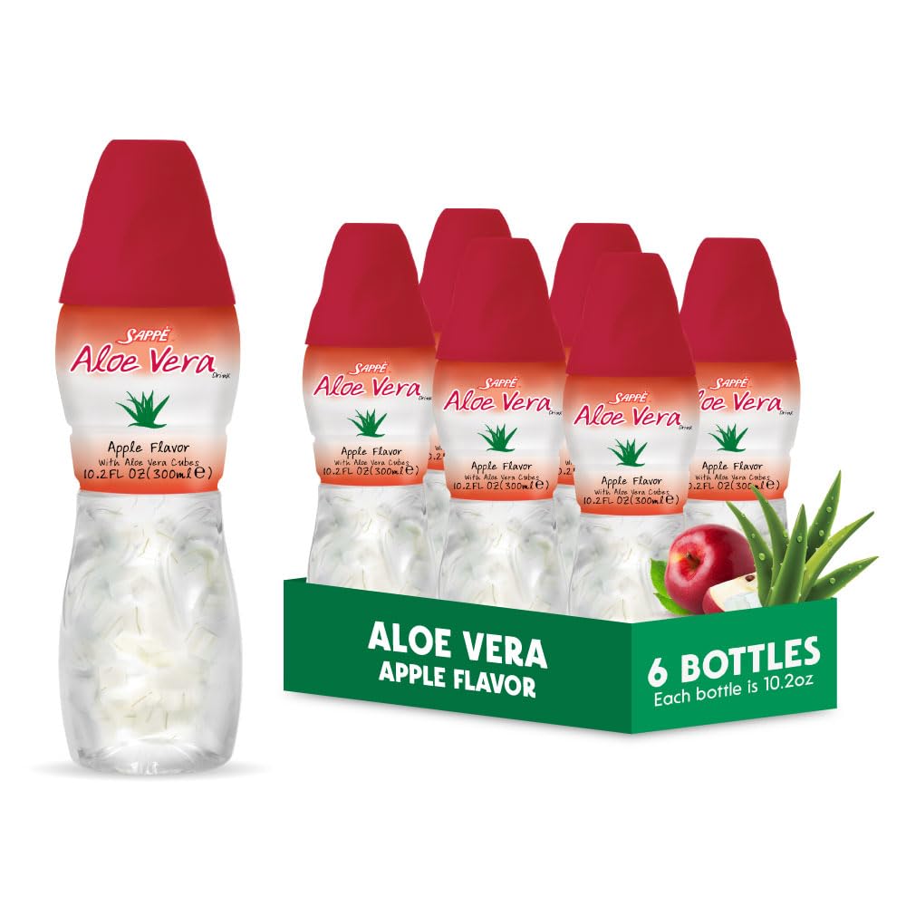 Aloe vera juice (Apple flavored) with bigger chunks pure aloe pulp (6 Packs) Plant based juice great for hydration and contains large aloe pulp. It is healthy for adults and kids