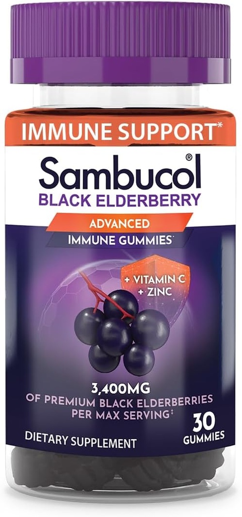 Sambucol Black Elderberry Gummies - Elderberry with Zinc and Vitamin C for Adults, Sambucus Gummies, Immune Support - 30 Count