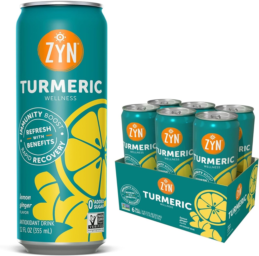 ZYN Turmeric Wellness Drink (6 Pack), Lemon Ginger Flavored Turmeric Curcumin Drink with Black Pepper, No Added Sugar, Low Carb & Low Calorie Drink, Clean Alternative