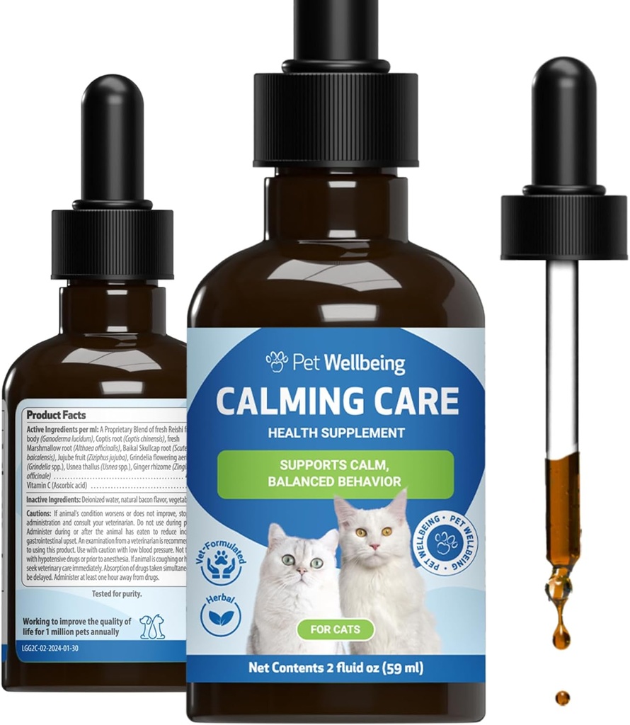 Pet Wellbeing Calming Care for Cats - Vet-Formulated Behavioral Support - Feline Stress Support, Emotional Wellness - Ashwagandha & Holy Basil Adaptogen - Holistic Cat Supplement 2 oz (59ml)