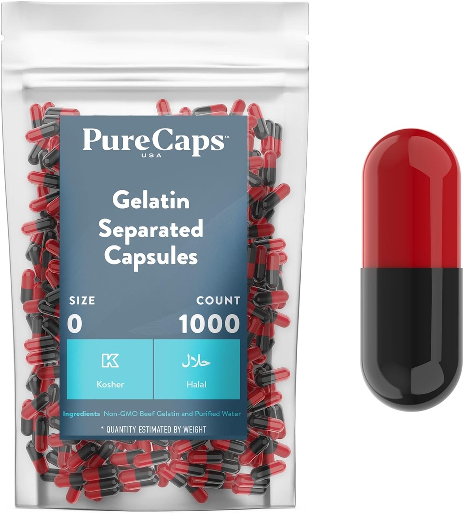 PureCaps USA - Empty Gelatin Capsules Size 0| 1,000 Separated Pills| Black/Red| Non-GMO Certified | SLS, Gluten, Preservative Free