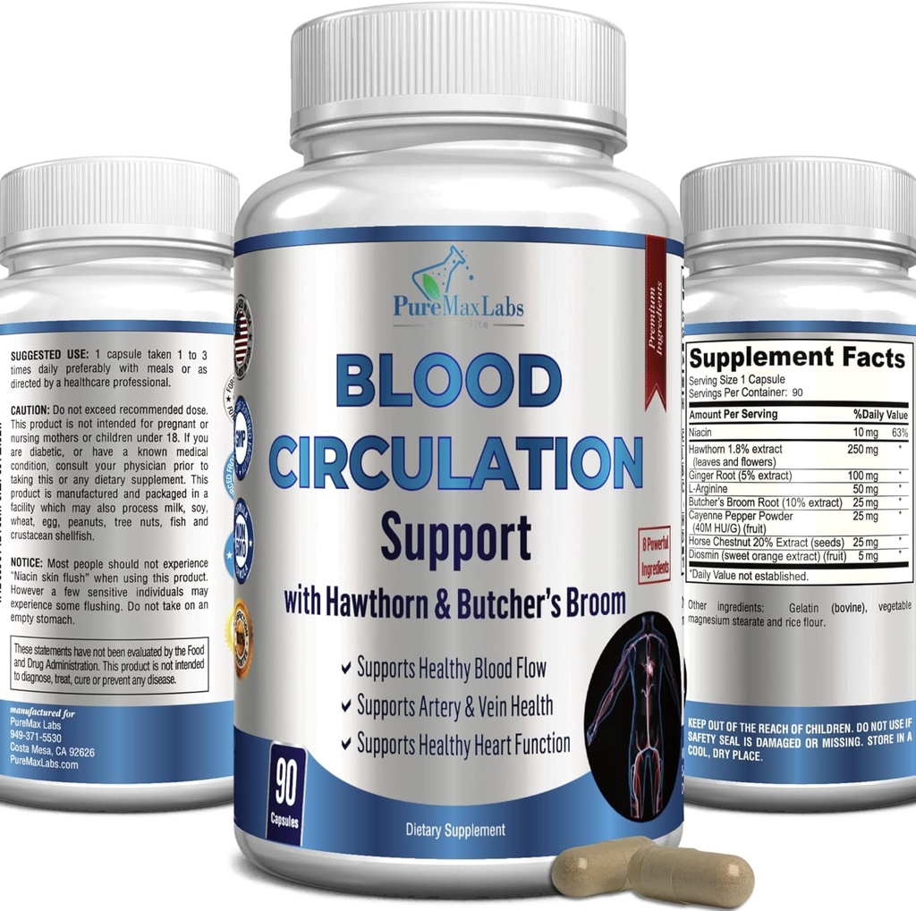Blood Circulation Supplement - with Hawthorn, Butchers Broom, Horse Chestnut, Arginine, Diosmin, Varicose Veins Treatment, Circulation Support - 90 Capsules