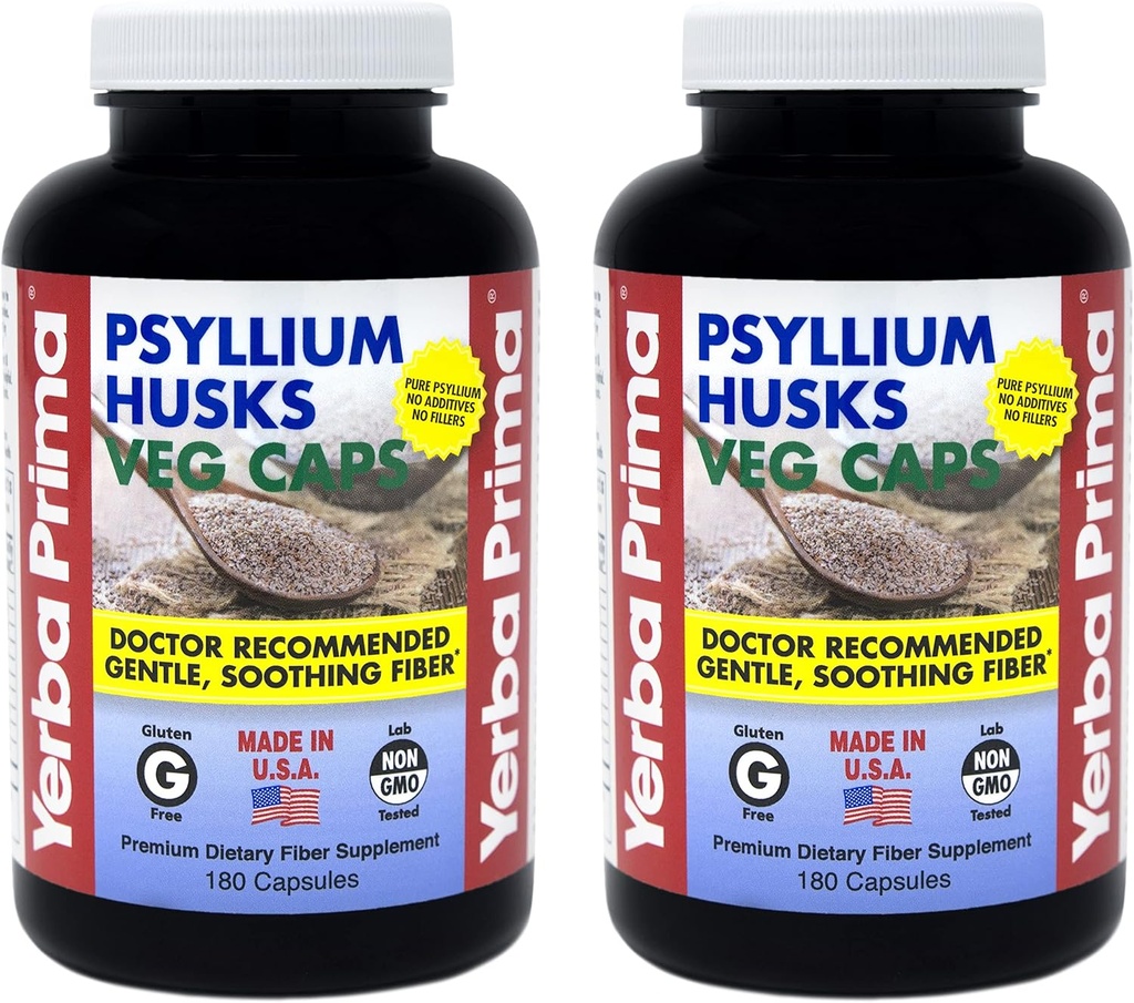 Yerba Prima Psyllium Husks Veg Caps - 180 Count (2 Pack) (625mg) - Vegan, Non-GMO, Gluten Free, Colon Cleanser, Daily Fiber Supplement for Gut Health & Regularity
