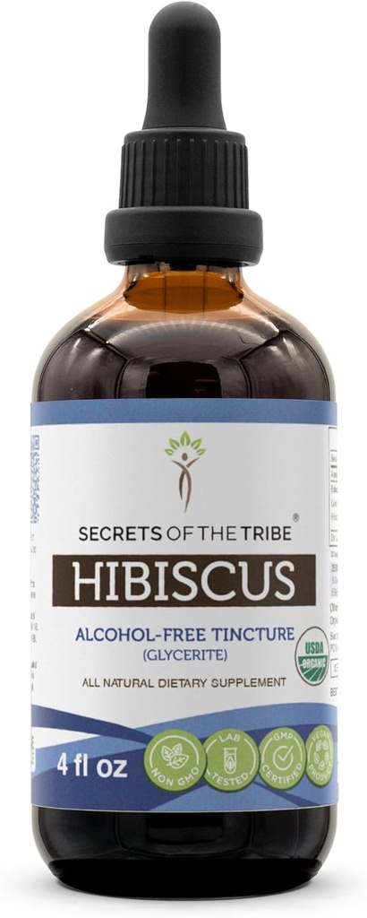Secrets of the Tribe Hibiscus Tincture Alcohol-Free Liquid Extract, USDA Organic Hibiscus Sabdariffa Dried Flower (4 FL OZ)