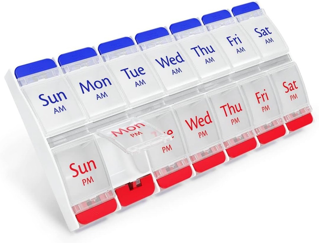 EZY DOSE Push Button (7-Day) Pill Case, Medicine Planner, Daily Vitamin Organizer, 2 Times a Day AM/PM, Large Compartments, Arthritis Friendly, Easy to Use, Clear Lids, Red/Blue, BPA Free