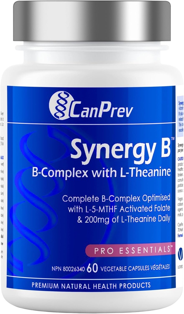 CanPrev Synergy B Complex with L-Theanine 60 Capsules 30-Day Supply - Promote Mental Relaxation, Improve Energy, Cognitive Clarity and Support Body & Mind - Vegan, Non-GMO and Gluten-Free