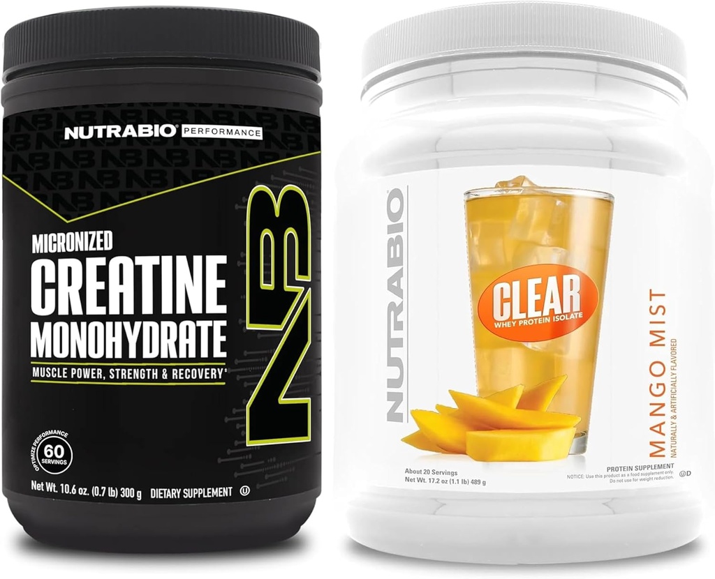 NutraBio Creatine Monohydrate, Unflavored, (300 g) and Clear Whey Protein Isolate, (Mango Mist) Supplement Bundle – Muscle Energy, Maximum Growth, Recovery, and Strength