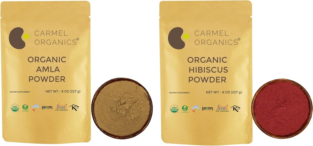 Combo of Organic Amla Fruit Powder & Hibiscus Petals Powder (8 Ounce Each) | Certified Organic | Non-GMO | No Added Preservatives