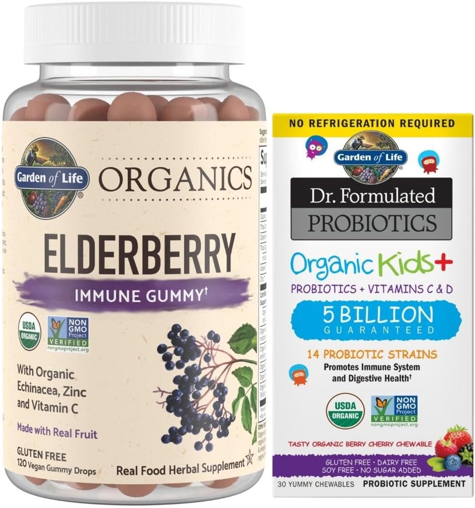 Garden of Life Organics Elderberry Gummies for Adults & Kids - Immune Support Supplement & Dr. Formulated Probiotics Organic Kids+ Plus Vitamin C & D - Berry Cherry