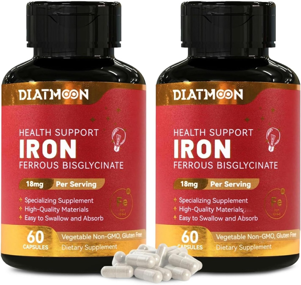 2 Pack Iron Supplement – Highly Absorbable Iron Bisglycinate Capsules for Adults, 120-Day Supply, Vegan, Non-GMO, Gluten-Free, Supports Energy & Overall Wellbeing