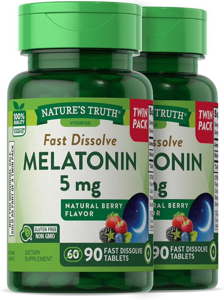 Nature's Truth Melatonin 5 mg | 180 Fast Dissolve Tablets (2 X 90 Twin Pack) | Natural Berry Flavor | Vegetarian, Non-GMO, Gluten Free Supplement